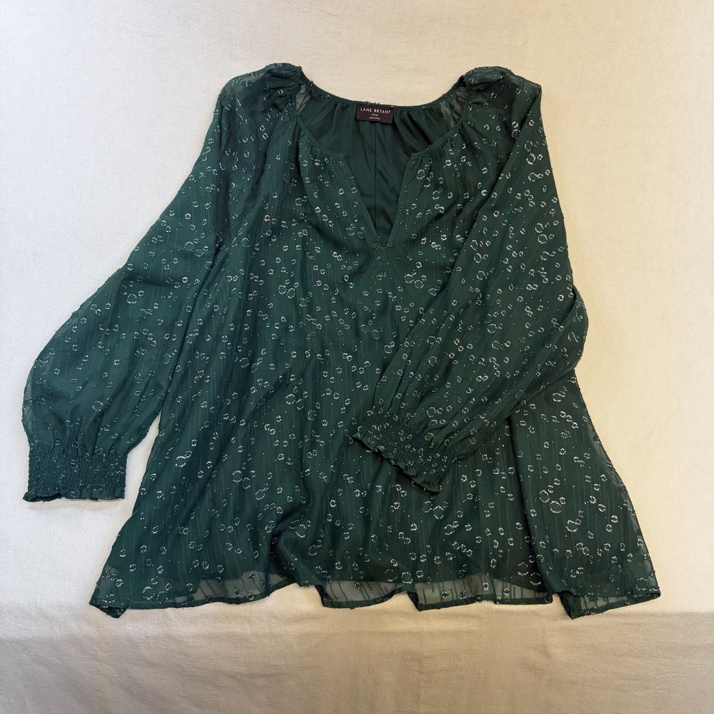 Green Sparkle Bubble Pattern Chiffon Peasant Blouse Long Sleeve V-Neck 18/20